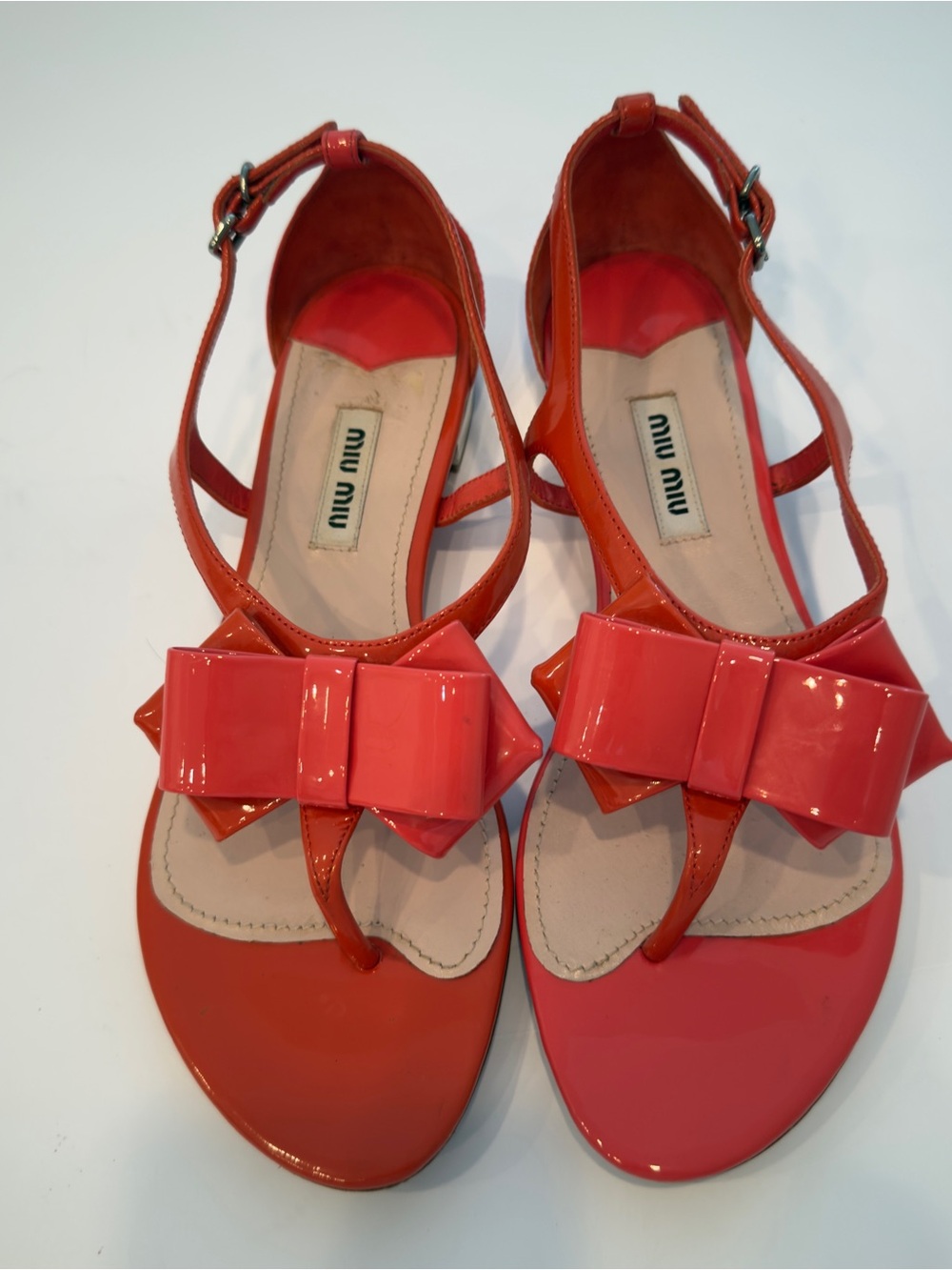 Miu Miu Coral/Pink Patent Leather Oversized Bow Flat T-Strap Sandals Size 37.5